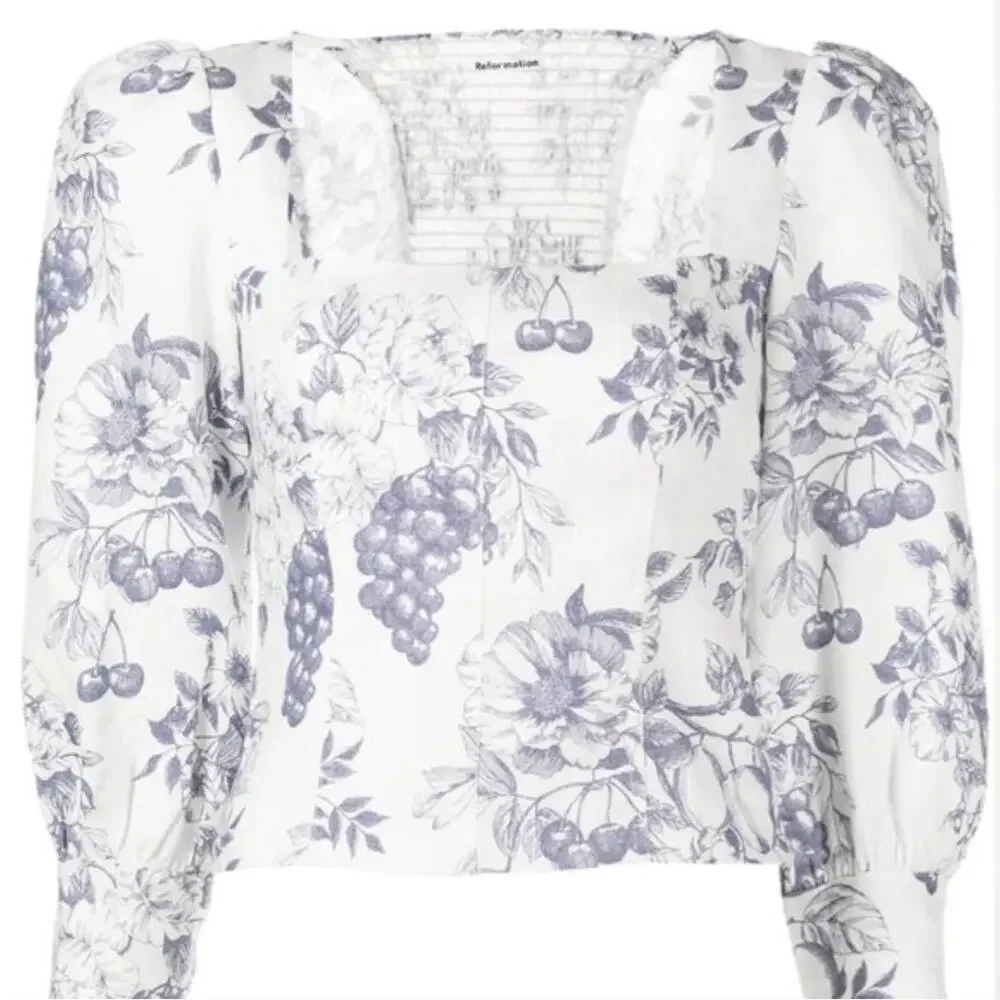 Reformation Stilton Linen Top Blue Toile Floral Long Sleeve Square Neck Size 2